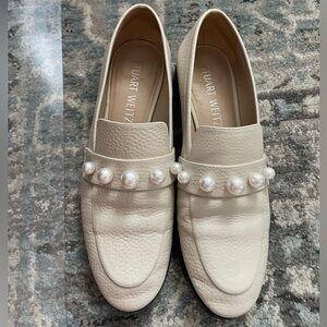 Stuart Weitzman Cream Loafers with Pearl Detail
